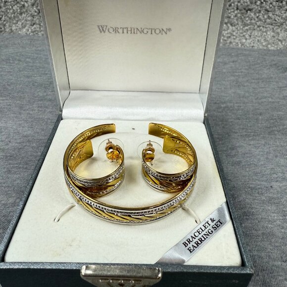 Gold Silver-Tone Cuff Bracelet Hoop Earrings Textured Design Jewelry Set - Picture 11 of 16